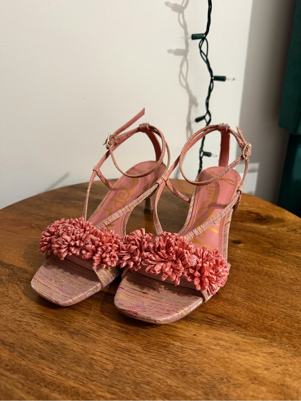 Sam Edelman Pink Floral-Trim Ankle-Strap Heels